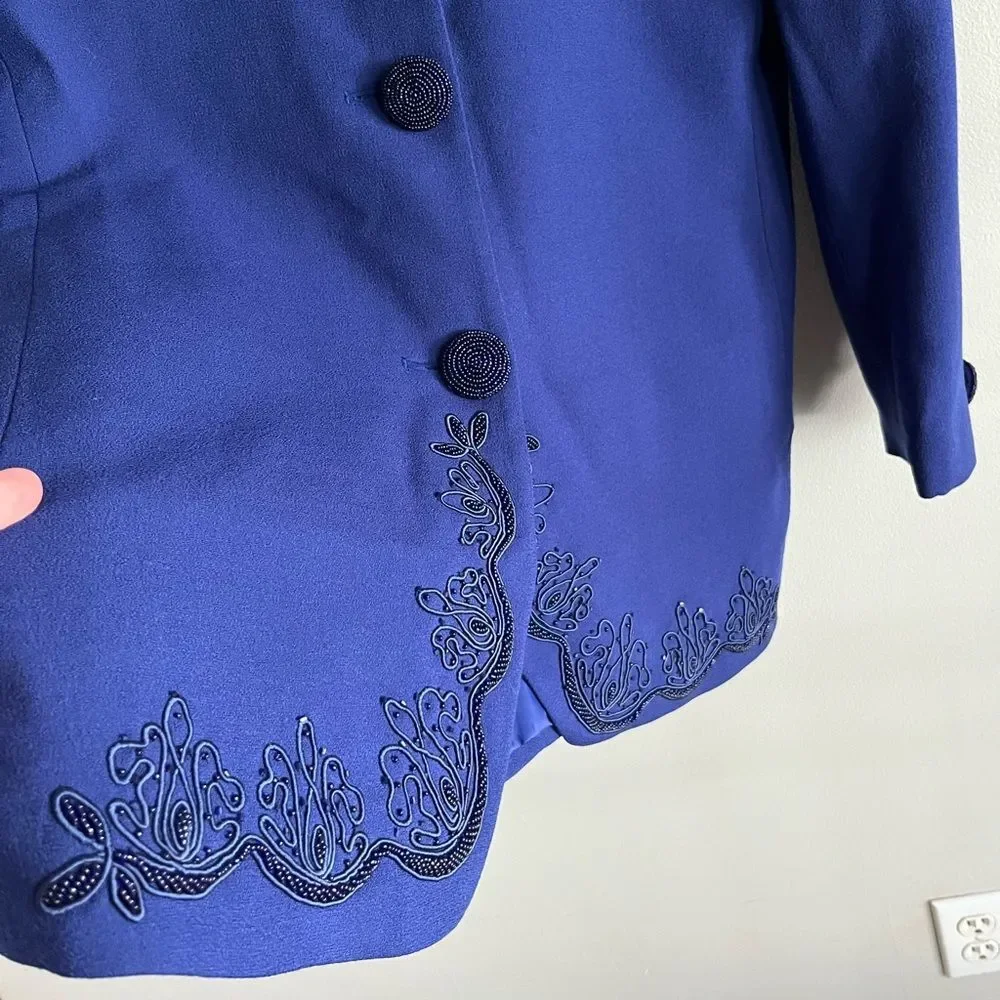 Vintage St Anthony Evening Blue Embroidered Blazer Jacket Wool Size 8